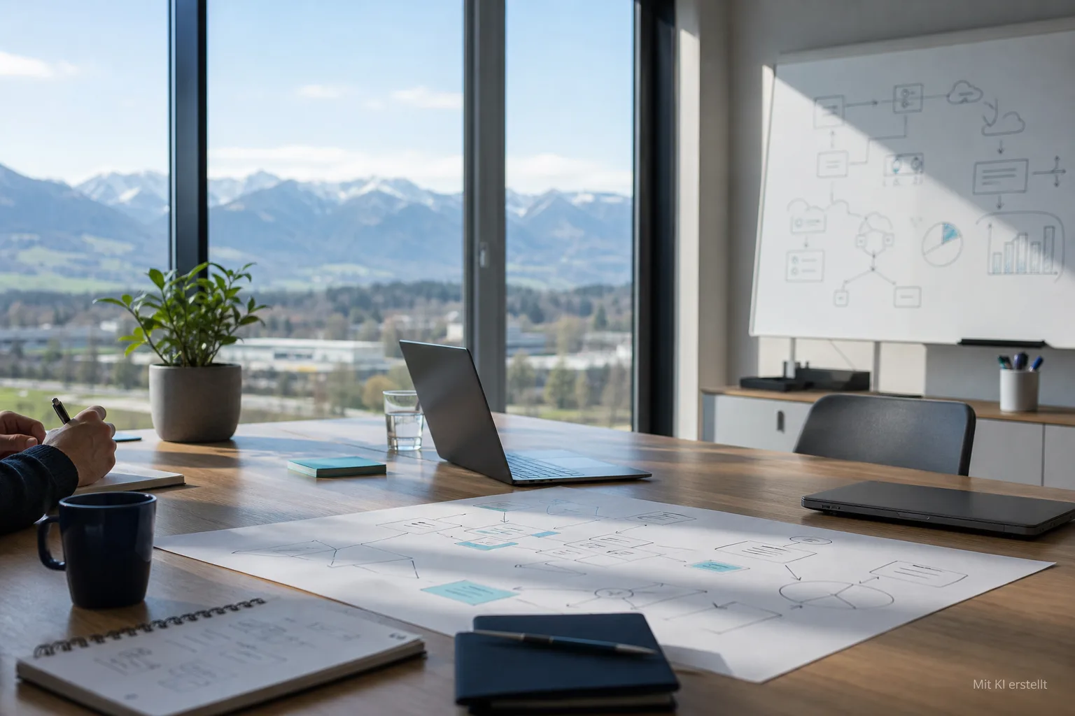 Moderner Besprechungsraum mit Laptop, Prozessskizzen und Alpenblick als Symbol für regionale KI-Beratung in Rosenheim.
